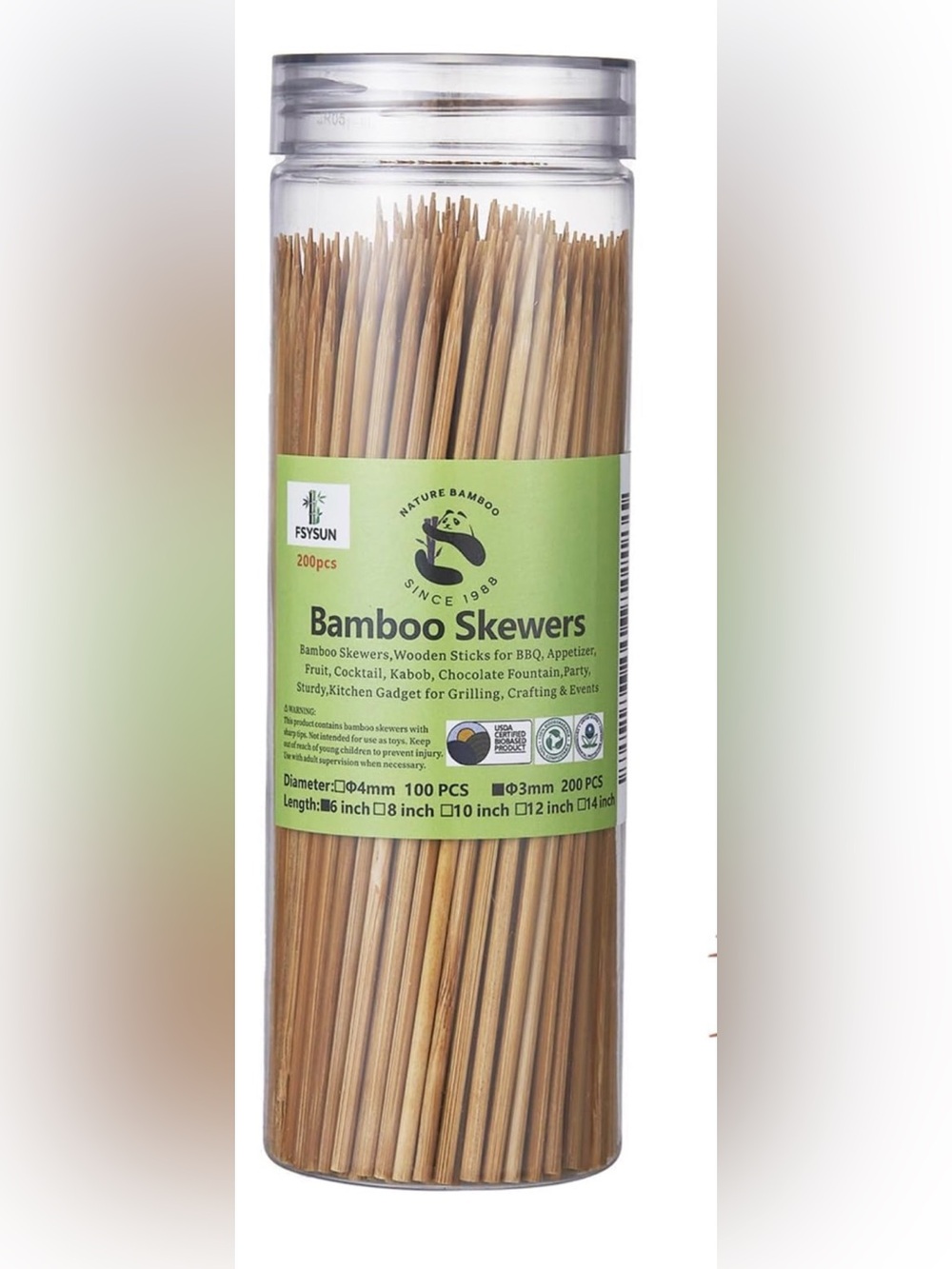 200-Pack 6" Bamboo Skewers (3mm Thick) Unbleached Carbonized Wooden Sticks